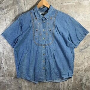 Capacity Denim Jacket 2XL Cotton pintuck Embroidery Collar Button Up Retro Long